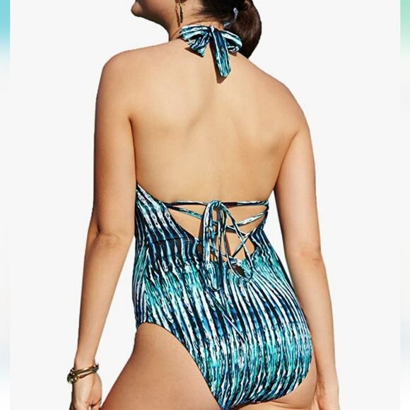 BAR III WOMEN'S PRINTED PLUNGE INDIGO LACE-UP ONE-PIECE SWIMSUIT - Picture 15 of 15